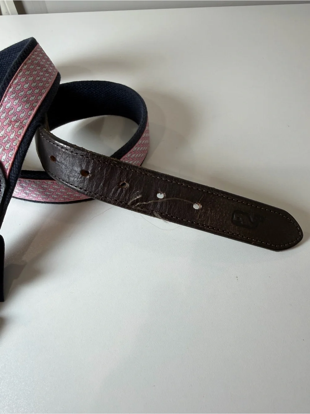 Vineyard Vines 36W Pink Patterned Whale Pattern Belt with Brown Leather